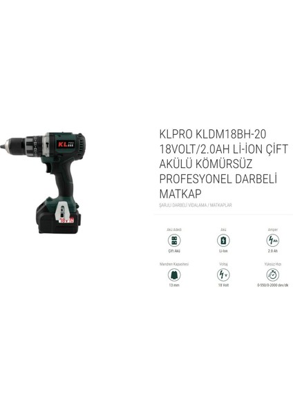 Kale Pro Klpro 18 Volt / 2.0 Ah Li-Ion Çift Akülü Kömürsüz Profesyonel Darbeli Matkap ( KLDM18BH-20)