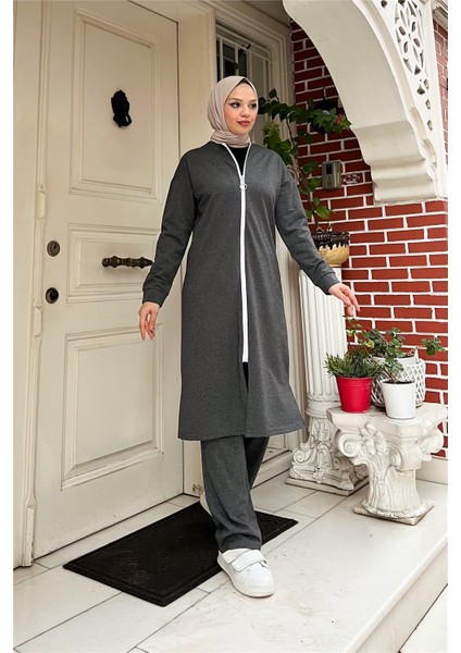Fermuarlı Uzun Sade Basic Kap Eşofman Spor Takımı - 3044 - Antrasit