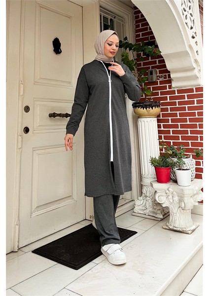 Fermuarlı Uzun Sade Basic Kap Eşofman Spor Takımı - 3044 - Antrasit