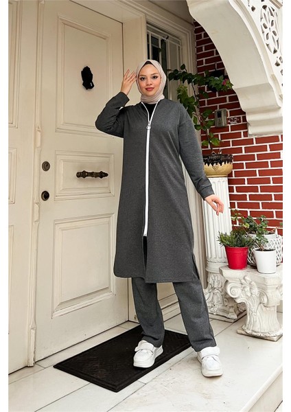 Fermuarlı Uzun Sade Basic Kap Eşofman Spor Takımı - 3044 - Antrasit