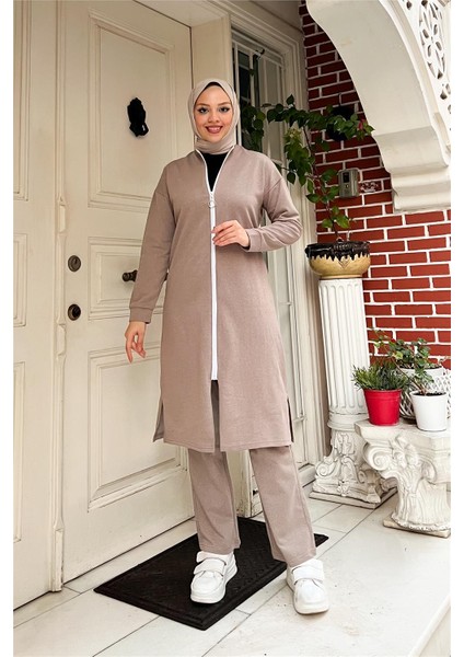 Bisiklet Yaka Fermuarlı Uzun Tunik Sade Basic Spor Takımı - 03044.016 - Vizon