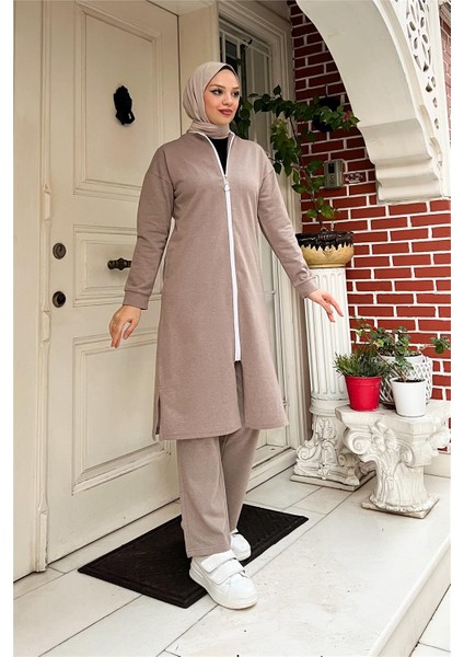 Bisiklet Yaka Fermuarlı Uzun Tunik Sade Basic Spor Takımı - 03044.016 - Vizon