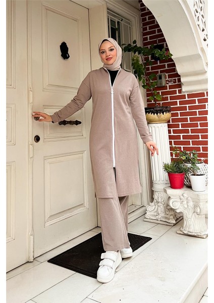Bisiklet Yaka Fermuarlı Uzun Tunik Sade Basic Spor Takımı - 03044.016 - Vizon