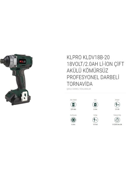 Kale Pro Klpro 18 Volt / 2.0 Ah Li-Ion Çift Akülü Kömürsüz Profesyonel Darbeli Tornavida (KLDV18B-20)