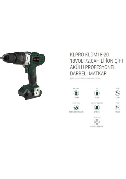 Kale Pro Klpro 18 Volt / 2.0 Ah Li-Ion Çift Akülü Profesyonel Darbeli Matkap ( KLDM18-20)