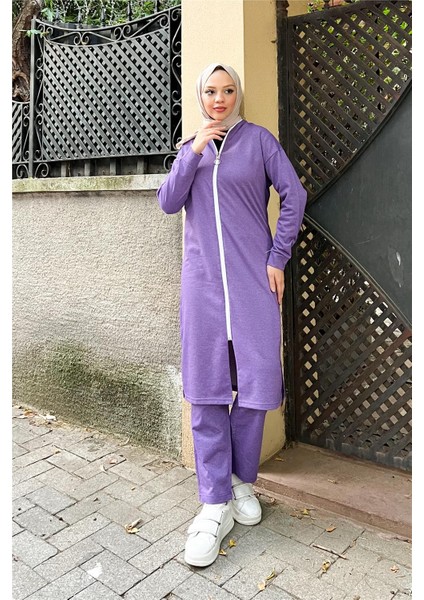 Fermuarlı Uzun Sade Basic Kap Eşofman Spor Takımı - 3044 - Koyu Lila