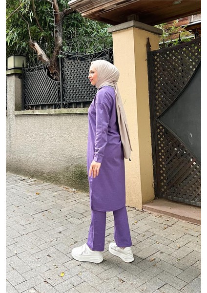 Fermuarlı Uzun Sade Basic Kap Eşofman Spor Takımı - 3044 - Koyu Lila