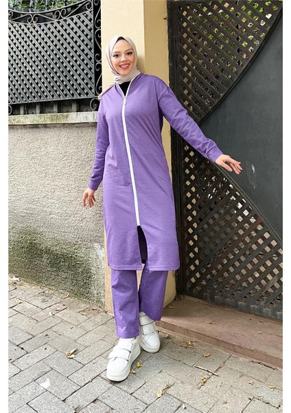 Fermuarlı Uzun Sade Basic Kap Eşofman Spor Takımı - 3044 - Koyu Lila