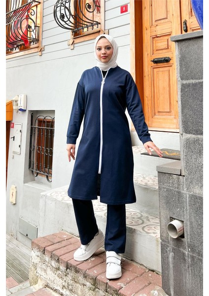 Fermuarlı Uzun Sade Basic Kap Eşofman Spor Takımı - 3044 - Lacivert