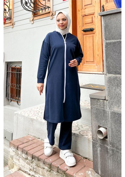 Fermuarlı Uzun Sade Basic Kap Eşofman Spor Takımı - 3044 - Lacivert