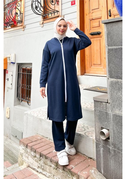 Fermuarlı Uzun Sade Basic Kap Eşofman Spor Takımı - 3044 - Lacivert