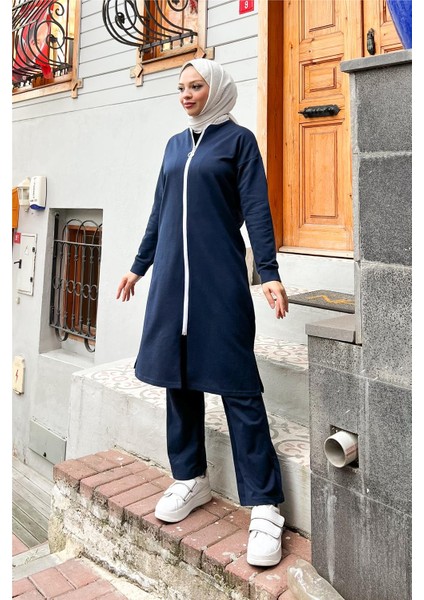 Fermuarlı Uzun Sade Basic Kap Eşofman Spor Takımı - 3044 - Lacivert