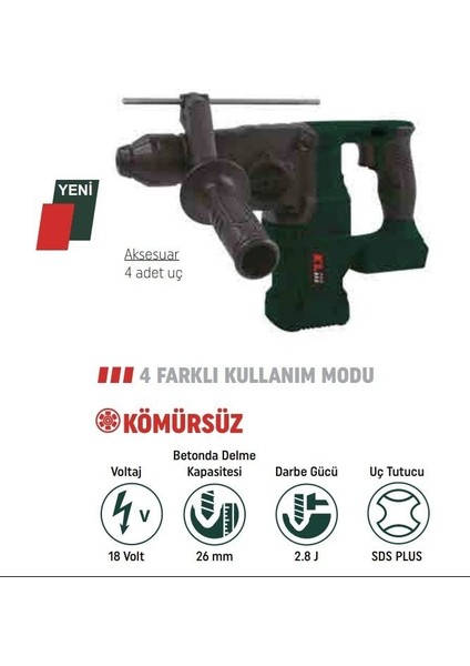 Kale Pro Klpro 18V/5.0 Ah 2.8j Kömürsüz Çift Akülü Pnömatik Matkap Kırıcı/delici (KLPM18BH-50)