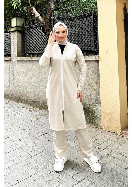 Fermuarlı Uzun Sade Basic Kap Eşofman Spor Takımı - 3044 - Ekru