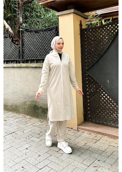 Fermuarlı Uzun Sade Basic Kap Eşofman Spor Takımı - 3044 - Ekru