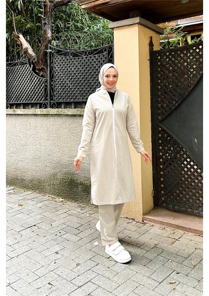 Fermuarlı Uzun Sade Basic Kap Eşofman Spor Takımı - 3044 - Ekru