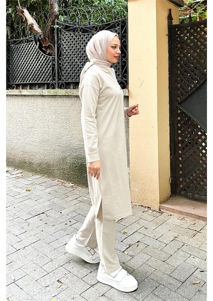 Fermuarlı Uzun Sade Basic Kap Eşofman Spor Takımı - 3044 - Ekru