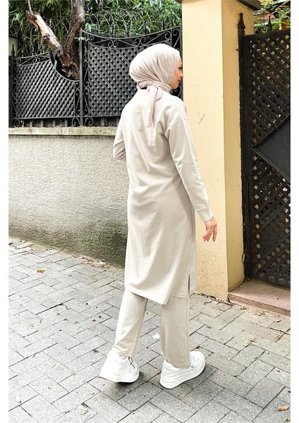 Fermuarlı Uzun Sade Basic Kap Eşofman Spor Takımı - 3044 - Ekru
