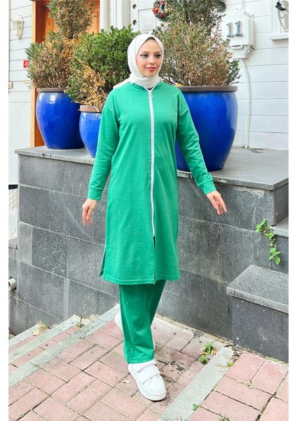 Fermuarlı Uzun Sade Basic Kap Eşofman Spor Takımı - 3044 - Benetton Yeşil