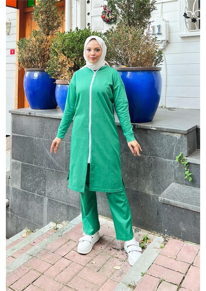Fermuarlı Uzun Sade Basic Kap Eşofman Spor Takımı - 3044 - Benetton Yeşil