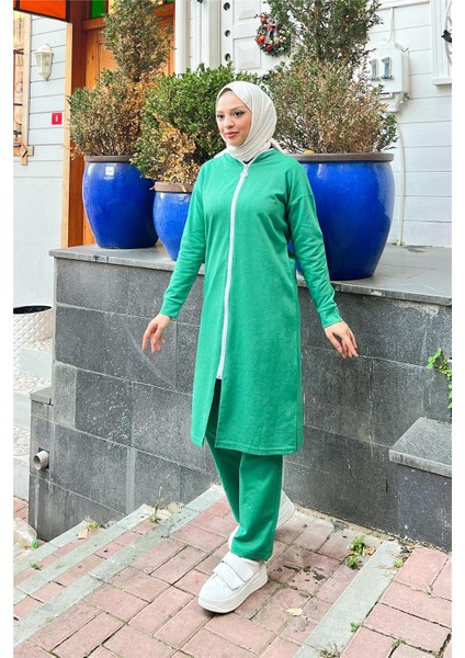 Fermuarlı Uzun Sade Basic Kap Eşofman Spor Takımı - 3044 - Benetton Yeşil