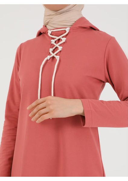 Eflin Yakadan Bağlamalı Kapşonlu Uzun Sweatshirt - 3030 - Gül Kurusu fırsatları