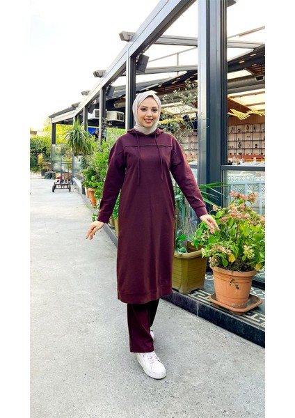 Uzun Tunik Kapşonlu Kenardan Yırtmaçlı Ikili Spor Takım - 3034 - Mürdüm
