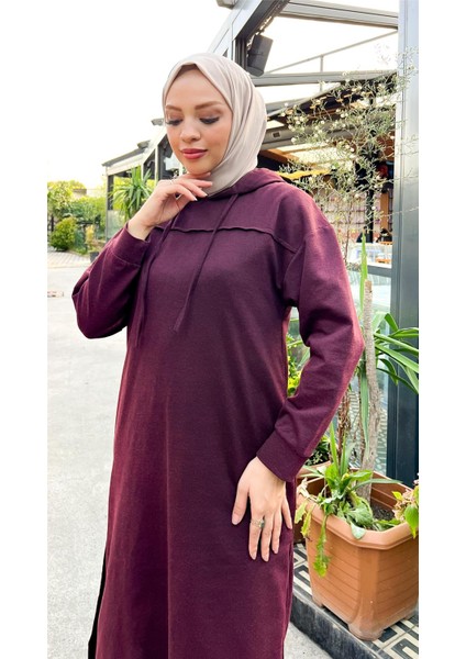 Uzun Tunik Kapşonlu Kenardan Yırtmaçlı Ikili Spor Takım - 3034 - Mürdüm