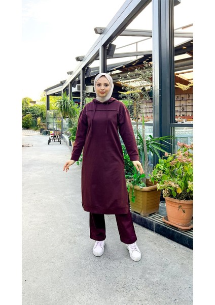Uzun Tunik Kapşonlu Kenardan Yırtmaçlı Ikili Spor Takım - 3034 - Mürdüm