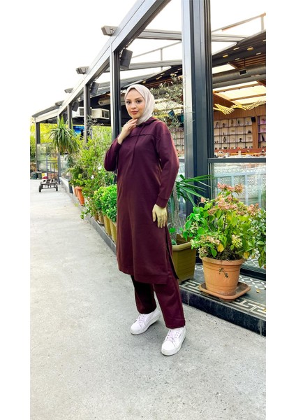 Uzun Tunik Kapşonlu Kenardan Yırtmaçlı Ikili Spor Takım - 3034 - Mürdüm