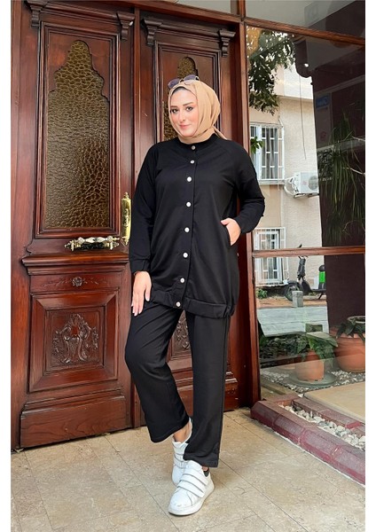 Çıtçıtlı Yandan Cepli İkili Sade Basic Eşofman Spor Takımı - 12009.003 - Siyah