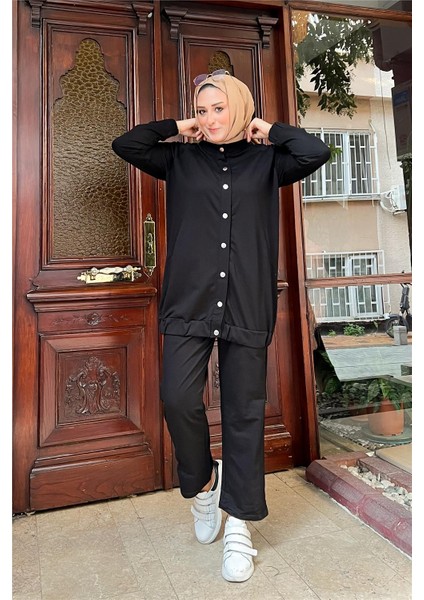 Çıtçıtlı Yandan Cepli İkili Sade Basic Eşofman Spor Takımı - 12009.003 - Siyah