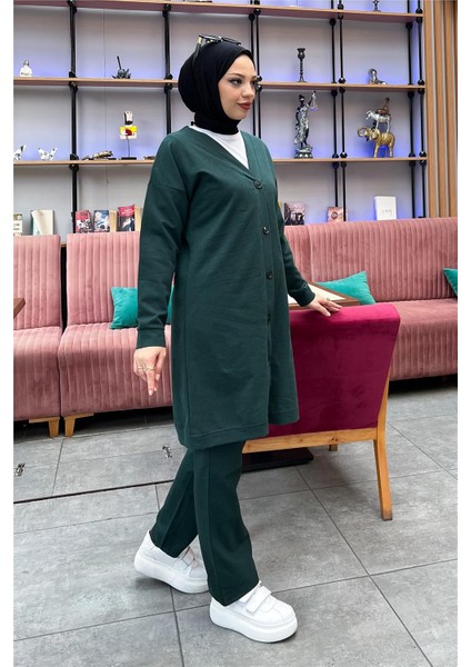 Düğmeli V Yakalı Sade Basic Eşofman Spor Ikili Takım - 3051 - Nefti
