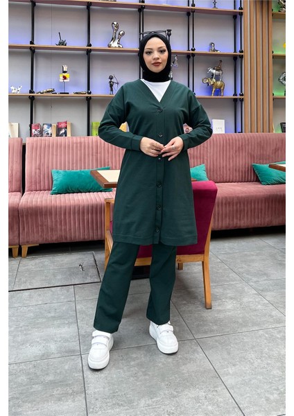 Düğmeli V Yakalı Sade Basic Eşofman Spor Ikili Takım - 3051 - Nefti