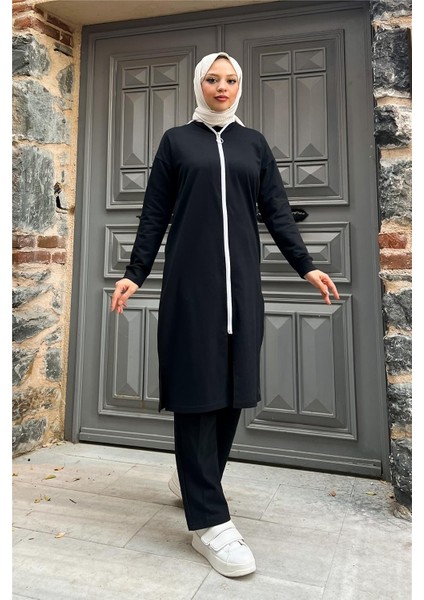 Fermuarlı Uzun Sade Basic Kap Eşofman Spor Takımı - 3044 - Siyah