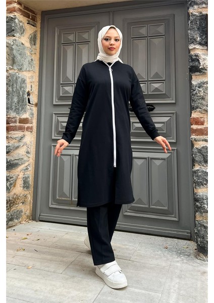 Fermuarlı Uzun Sade Basic Kap Eşofman Spor Takımı - 3044 - Siyah