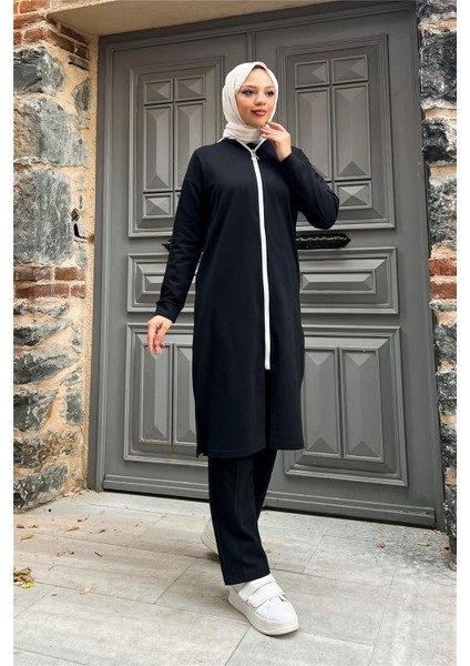Fermuarlı Uzun Sade Basic Kap Eşofman Spor Takımı - 3044 - Siyah