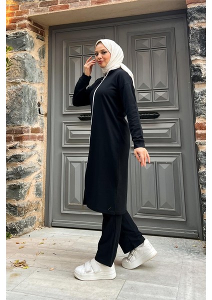 Fermuarlı Uzun Sade Basic Kap Eşofman Spor Takımı - 3044 - Siyah
