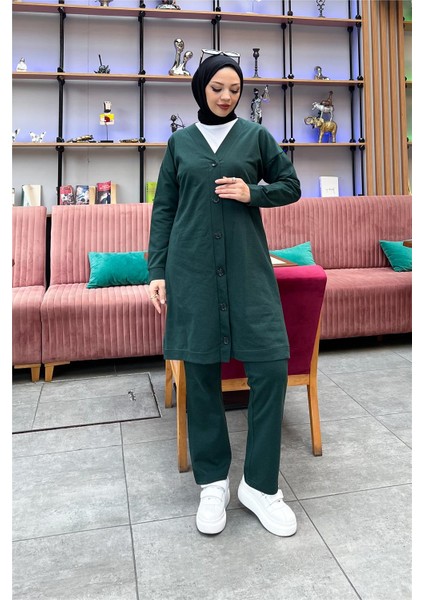 Düğmeli V Yakalı Sade Basic Eşofman Spor Ikili Takım - 3051 - Nefti
