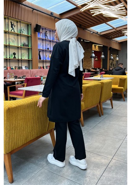 Düğmeli V Yakalı Sade Basic Eşofman Spor Ikili Takım - 3051 - Siyah