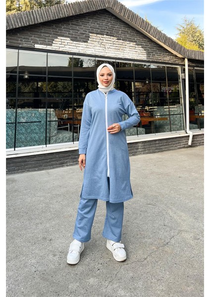 Bisiklet Yaka Fermuarlı Uzun Tunik Sade Basic Spor Takımı - 3044 - Indigo