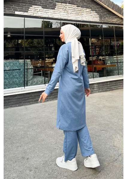 Bisiklet Yaka Fermuarlı Uzun Tunik Sade Basic Spor Takımı - 3044 - Indigo