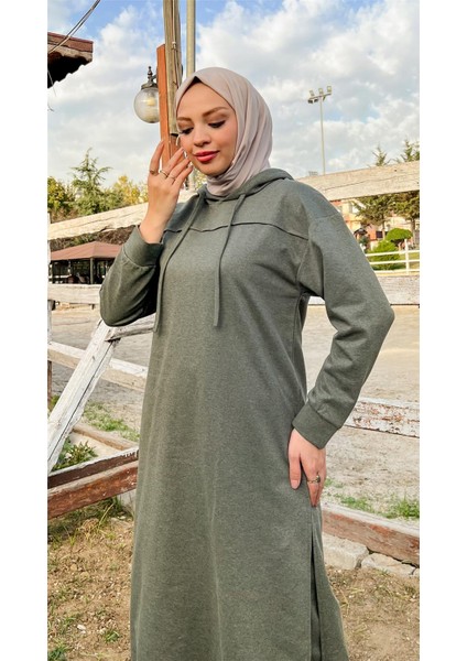 Uzun Tunik Kapşonlu Kenardan Yırtmaçlı Ikili Spor Takım - 3034 - Haki