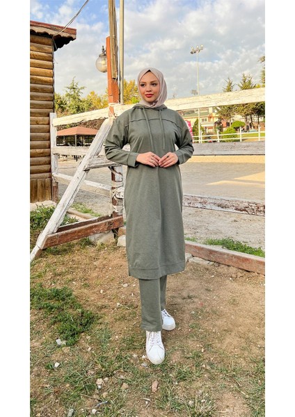 Uzun Tunik Kapşonlu Kenardan Yırtmaçlı Ikili Spor Takım - 3034 - Haki