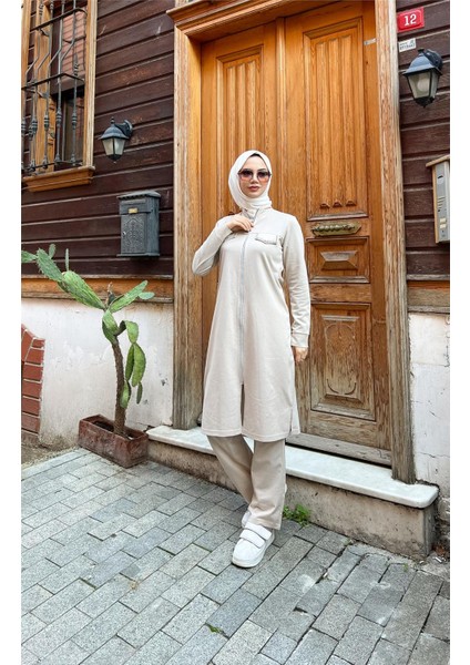 Fermuarlı Uzun Tunik Pantolon Spor Ikili Takım - 03058 - Ekru