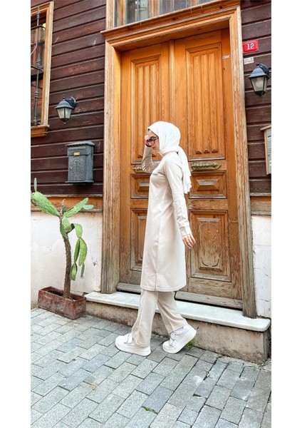 Fermuarlı Uzun Tunik Pantolon Spor Ikili Takım - 03058 - Ekru