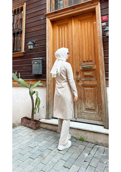Fermuarlı Uzun Tunik Pantolon Spor Ikili Takım - 03058 - Ekru