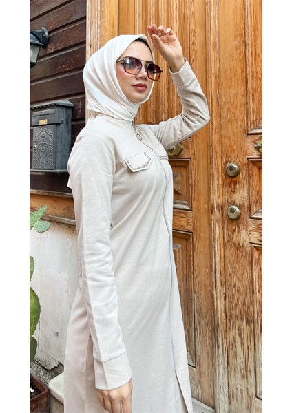 Fermuarlı Uzun Tunik Pantolon Spor Ikili Takım - 03058 - Ekru