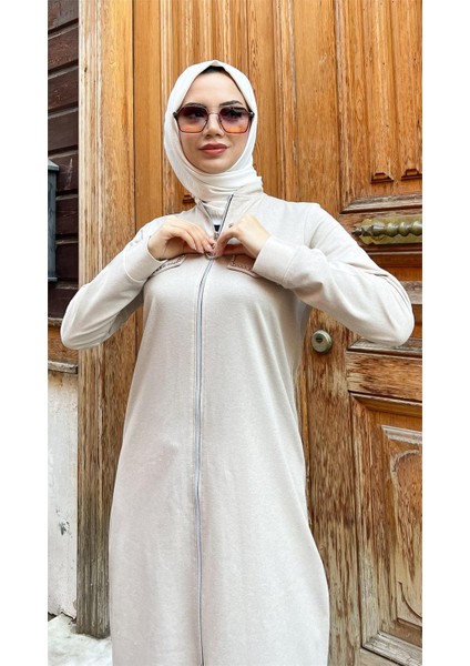 Fermuarlı Uzun Tunik Pantolon Spor Ikili Takım - 03058 - Ekru