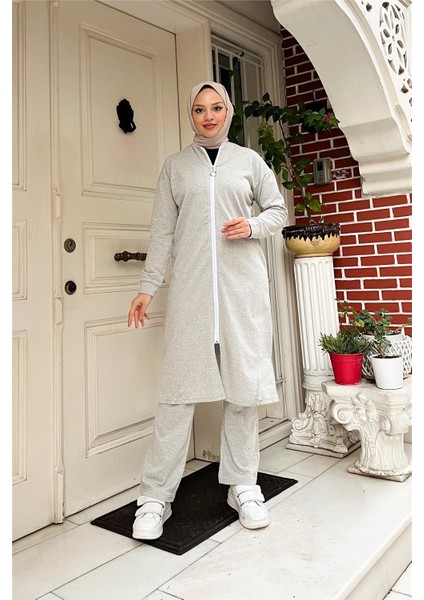 Fermuarlı Uzun Sade Basic Kap Eşofman Spor Takımı - 3044 - Gri